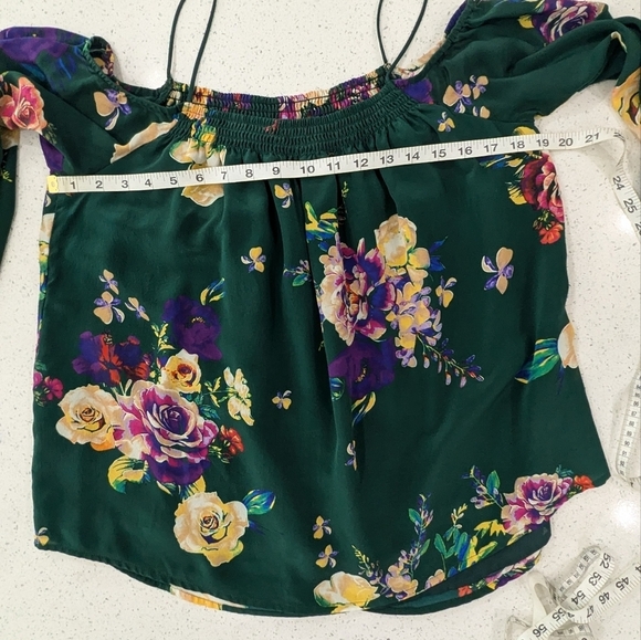 Maeve 100% Silk Green Floral Top Blouse Cold Shoulder Long Sleeve Flowy XS - Picture 4 of 10